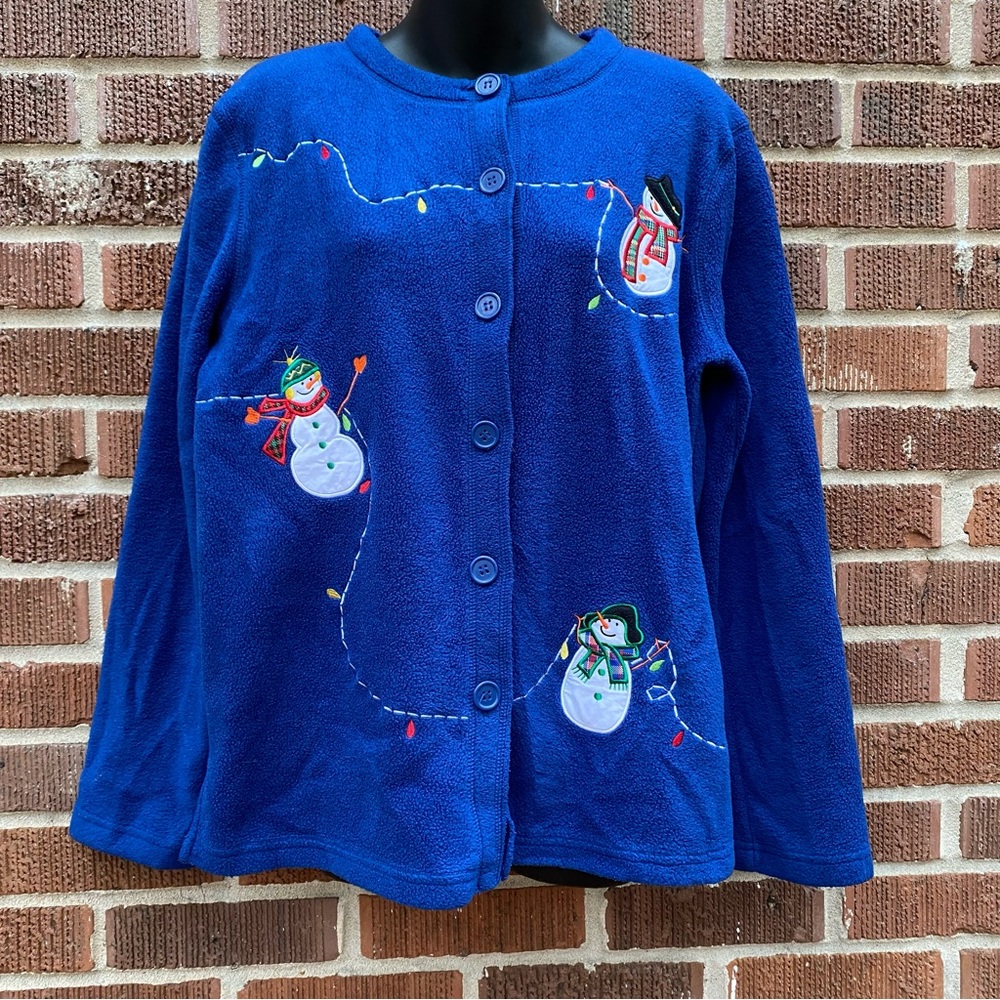 Christmas Sweater Blue Fleece Snowmen Winter button down blue Jacket Size M